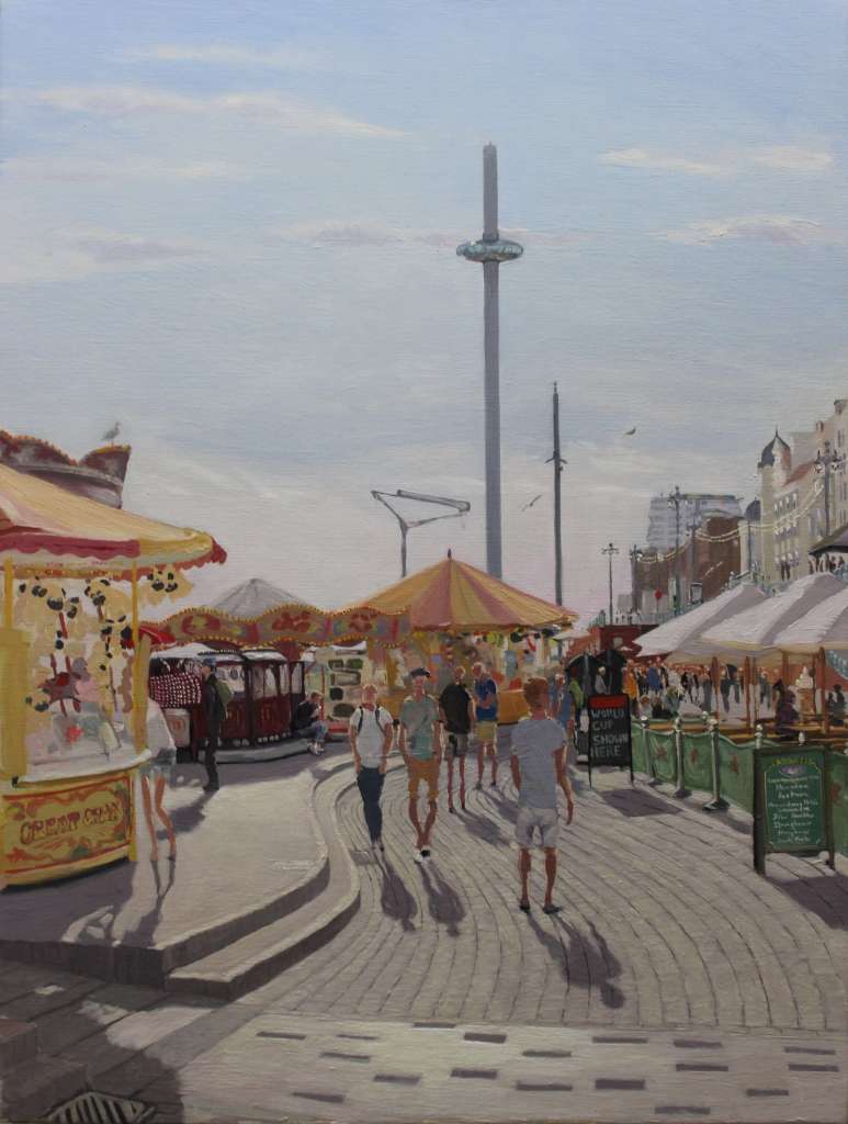 n air oil painting from life of Brighton carousels and British Airways i360 in the background. Painted during the World Cup and heatwave of June 2018