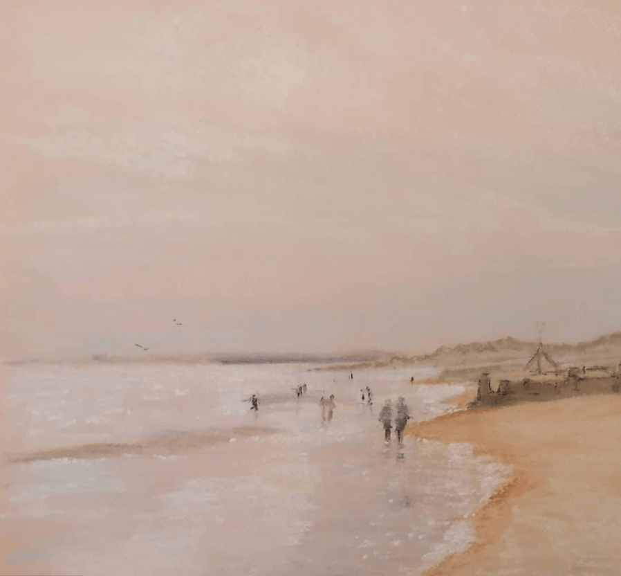 Plein air oil pastel study of Hove beach at low tide. Created on pink paper to emphasise the sunset, people playing in the sea