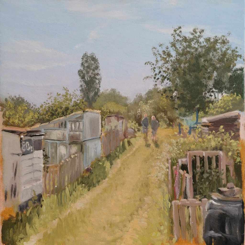 Plein air oil painting from life of Weald Allotment in Hove, two figures are walking on the central path